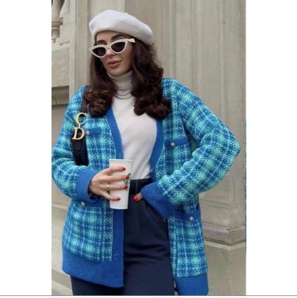 Zara Sweaters - Zara Plaid Knit Jacket Cardigan Blue Bloggers Favorite